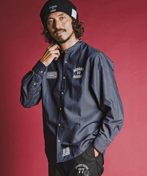 seventy seven(セブンティセブン)の「ms6597- denim style band collar L-S shirt (funny arch) バンドカラー長袖シャツ(7726W310)(シャツ/ブラウス・メンズ・ブラック/インディゴブルー・S/M/L/XL)」の4枚目の写真