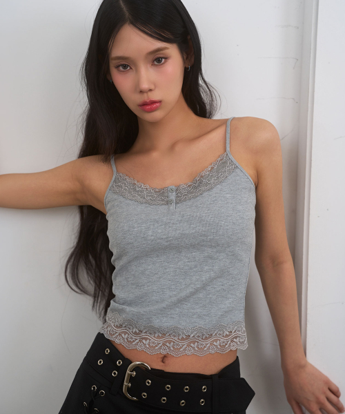 LIE MEQUE(リメーク)の「レースボタンスリーブレストップ グレー(Tシャツ/カットソー・レディース・グレー・FREE)」の1枚目の写真