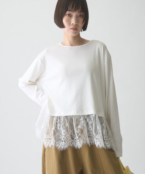 CIAOPANIC TYPY(チャオパニックティピー)の「∴裾レースリブロンTee(Tシャツ/カットソー・レディース・ホワイト/ライトグレー/ブラック・ONE SIZE)」の2枚目の写真