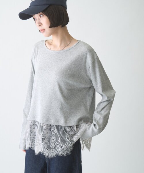 CIAOPANIC TYPY(チャオパニックティピー)の「∴裾レースリブロンTee(Tシャツ/カットソー・レディース・ホワイト/ライトグレー/ブラック・ONE SIZE)」の1枚目の写真