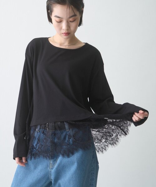 CIAOPANIC TYPY(チャオパニックティピー)の「∴裾レースリブロンTee(Tシャツ/カットソー・レディース・ホワイト/ライトグレー/ブラック・ONE SIZE)」の3枚目の写真