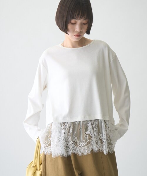 CIAOPANIC TYPY(チャオパニックティピー)の「∴裾レースリブロンTee(Tシャツ/カットソー・レディース・ホワイト/ライトグレー/ブラック・ONE SIZE)」の4枚目の写真