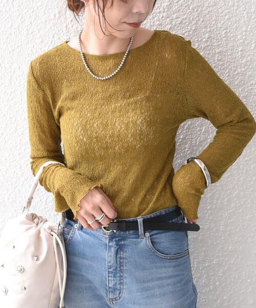 SHIPS Colors(シップス カラーズ)の「SHIPS Colors:〈手洗い可能〉レース ボート ネック トップス(Tシャツ/カットソー・レディース・イエロー系その他2/オフホワイト/ブラック・ONE SIZE)」の3枚目の写真