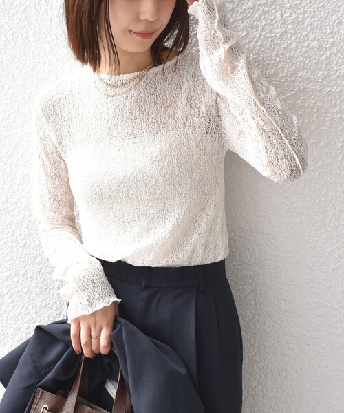 SHIPS Colors(シップス カラーズ)の「SHIPS Colors:〈手洗い可能〉レース ボート ネック トップス(Tシャツ/カットソー・レディース・イエロー系その他2/オフホワイト/ブラック・ONE SIZE)」の13枚目の写真