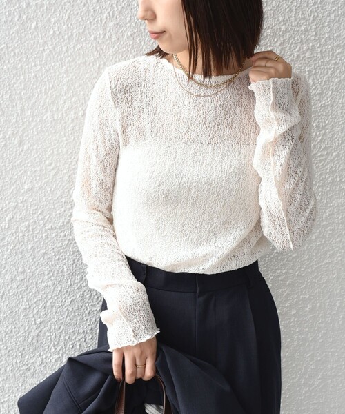 SHIPS Colors(シップス カラーズ)の「SHIPS Colors:〈手洗い可能〉レース ボート ネック トップス(Tシャツ/カットソー・レディース・イエロー系その他2/オフホワイト/ブラック・ONE SIZE)」の14枚目の写真