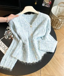 Vネック ケーブル編み ニットカーディガン