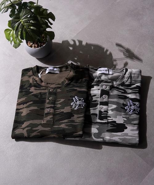 #MEMORY(メモリー)の「【#MEMORY】カモフラ ワッフル ヘンリーネック ロンT / 裾ドローコード クロップド丈(Tシャツ/カットソー・メンズ・グレー/カーキ・L/M)」の15枚目の写真