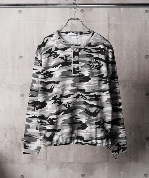 #MEMORY(メモリー)の「【#MEMORY】カモフラ ワッフル ヘンリーネック ロンT / 裾ドローコード クロップド丈(Tシャツ/カットソー・メンズ・グレー/カーキ・L/M)」の16枚目の写真