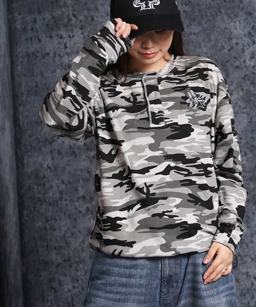 #MEMORY(メモリー)の「【#MEMORY】カモフラ ワッフル ヘンリーネック ロンT / 裾ドローコード クロップド丈(Tシャツ/カットソー・メンズ・グレー/カーキ・L/M)」の18枚目の写真