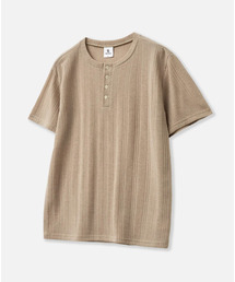リブヘンリーネック半袖Tシャツ_ベージュ