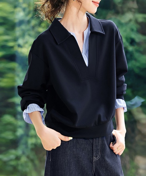Doux Belle（ドゥーベル）の「レイヤード風スエットトップス（Tシャツ/カットソー・レディース・ネイビー・MEDIUM/LARGE/X-LARGE）」の2枚目の写真