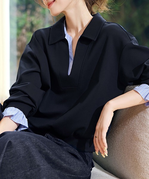 Doux Belle（ドゥーベル）の「レイヤード風スエットトップス（Tシャツ/カットソー・レディース・ネイビー・MEDIUM/LARGE/X-LARGE）」の3枚目の写真