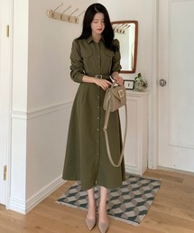 パフスリーブウエスト絞りシャツワンピース