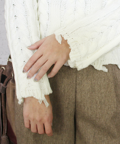 reca（レカ）の「アラン編みダメージハイネックニット（ニット/セーター・レディース・ホワイト/ピンク/グレー/ブラック・FREE）」の14枚目の写真