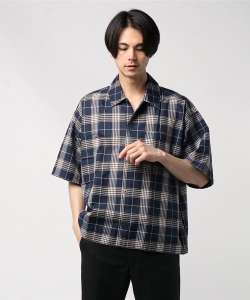 おしゃれスタ（オシャレスタ）の「ビッグシルエットチェックレギュラーカラー半袖シャツ(IR)（シャツ/ブラウス・メンズ・ブラック/ネイビー/グレー・M/L/XL）」の7枚目の写真