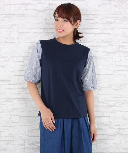 sabstreet my standard(サブストリートマイスタンダード)の「袖布帛切替カットソー【大きいサイズ対応】【9号(M)~15号(3L)】(Tシャツ/カットソー・レディース・オフホワイト/杢グレー/ネイビー・9号)」の2枚目の写真