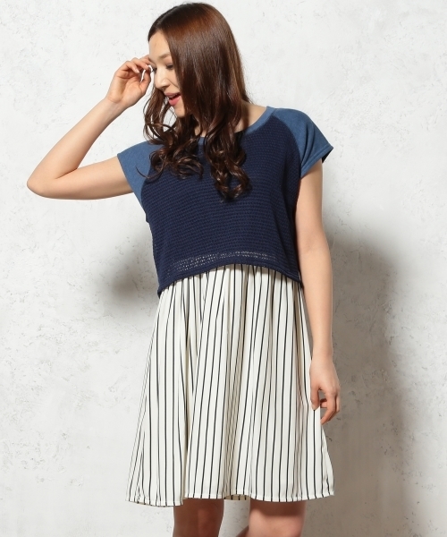 green label relaxing(グリーンレーベルリラクシング)の「GC T/Cニット×ウラケ キリカエワンピース ◆(ワンピース・レディース・グレー/ネイビー・フリー)」の1枚目の写真