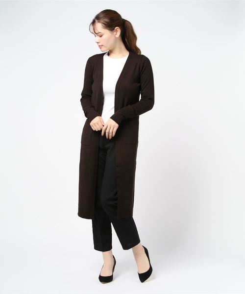 three dots(スリードッツ)の「モイストリブ ロングスリーブ Vネック ロングカーディ(カーディガン/ボレロ・レディース・ダークブラウン/レッド/ストーン・S/M)」の2枚目の写真