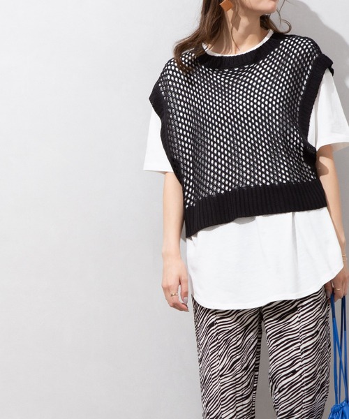 SpRay(スプレイ)の「麻タッチフィッシュネットベスト(ベスト・レディース・ブラック/ブルー/アイボリー/グレイッシュベージュ・FREE)」の9枚目の写真