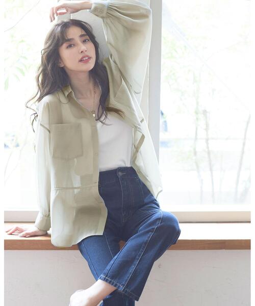 INGNI（イング）の「シアーブロッキング／シャツ（シャツ/ブラウス・レディース・ブラック/アイボリー/サーモンピンク/ライトカーキ・M）」の12枚目の写真