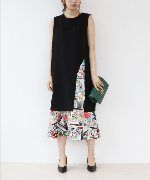 Three Four Time（ｽﾘｰﾌｫｰﾀｲﾑ）の「アメコミプリントレイヤード風スリットワンピース　別注（ワンピース・レディース・ブラック・ONE SIZE）」の7枚目の写真