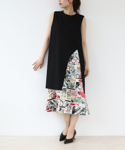 Three Four Time（ｽﾘｰﾌｫｰﾀｲﾑ）の「アメコミプリントレイヤード風スリットワンピース　別注（ワンピース・レディース・ブラック・ONE SIZE）」の6枚目の写真