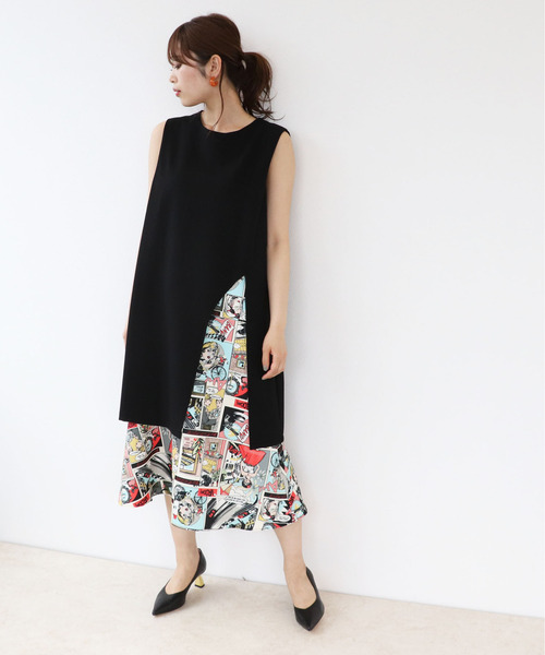 Three Four Time（ｽﾘｰﾌｫｰﾀｲﾑ）の「アメコミプリントレイヤード風スリットワンピース　別注（ワンピース・レディース・ブラック・ONE SIZE）」の9枚目の写真