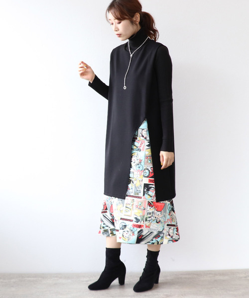 Three Four Time（ｽﾘｰﾌｫｰﾀｲﾑ）の「アメコミプリントレイヤード風スリットワンピース　別注（ワンピース・レディース・ブラック・ONE SIZE）」の10枚目の写真