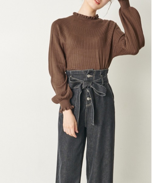 OLIVE des OLIVE（オリーブデオリーブ）の「【WEB限定】コスパ最強！秋冬の万能アイテム。求心リブフリルニット（ニット/セーター・レディース・ブラック/ダークブラウン/オフホワイト/ピンク/グリーン/ボルドー/ラベンダー・FREE）」の9枚目の写真