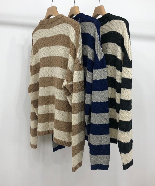 KIIT（キート）の「KIIT キート / PULLOVER TOPS オーバーサイズ ボーダープルオーバートップス / KIM-K59-009（ニット/セーター・メンズ・チャコールグレー/ネイビー/ベージュ・2/3）」の8枚目の写真