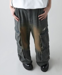 ワイドフレアバギー8ポケットカーゴデニムパンツ　ケミカル/オーバーダイ 10oz