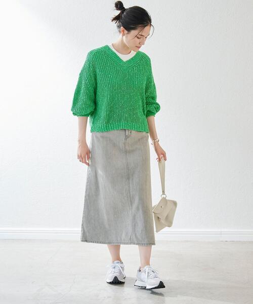 green label relaxing（グリーンレーベルリラクシング）の「ローゲージ スラブ カタアゼ プルオーバー ニット（ニット/セーター・レディース・ホワイト/ベージュ/ケリー・FREE）」の7枚目の写真