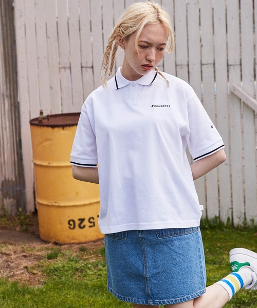 CONVERSE(コンバース)の「CONVERSE/コンバース ロゴ リブラインデザイン ワイドシルエットポロシャツ(ポロシャツ・レディース・ホワイト/ブラック/レッド・M/L)」の6枚目の写真