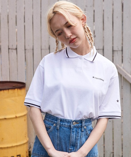 CONVERSE(コンバース)の「CONVERSE/コンバース ロゴ リブラインデザイン ワイドシルエットポロシャツ(ポロシャツ・レディース・ホワイト/ブラック/レッド・M/L)」の4枚目の写真