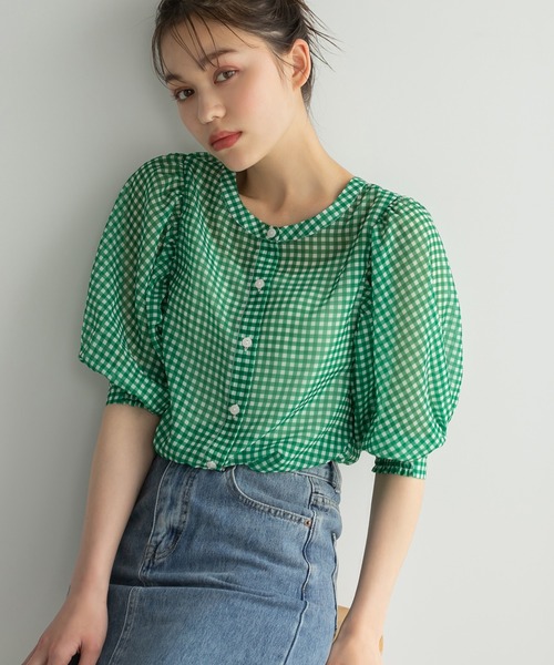 Edit Sheen（エディットシーン）の「2wayギンガムチェックボリュームスリーブシアーブラウス（シャツ/ブラウス・レディース・ネイビー/グリーン・M）」の2枚目の写真
