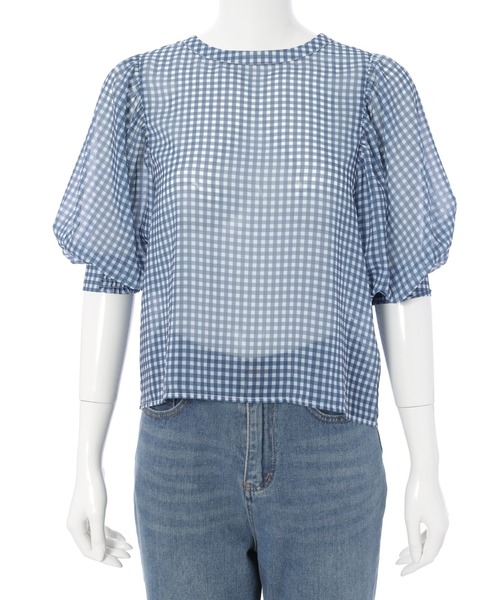 Edit Sheen（エディットシーン）の「2wayギンガムチェックボリュームスリーブシアーブラウス（シャツ/ブラウス・レディース・ネイビー/グリーン・M）」の15枚目の写真