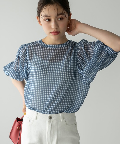 Edit Sheen（エディットシーン）の「2wayギンガムチェックボリュームスリーブシアーブラウス（シャツ/ブラウス・レディース・ネイビー/グリーン・M）」の7枚目の写真