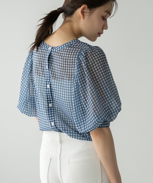 Edit Sheen（エディットシーン）の「2wayギンガムチェックボリュームスリーブシアーブラウス（シャツ/ブラウス・レディース・ネイビー/グリーン・M）」の9枚目の写真