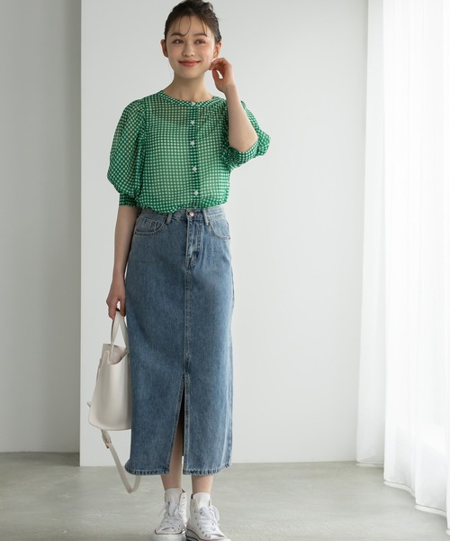 Edit Sheen（エディットシーン）の「2wayギンガムチェックボリュームスリーブシアーブラウス（シャツ/ブラウス・レディース・ネイビー/グリーン・M）」の14枚目の写真