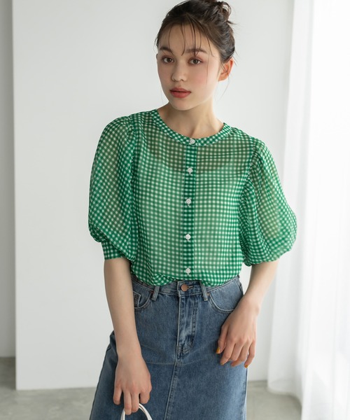 Edit Sheen（エディットシーン）の「2wayギンガムチェックボリュームスリーブシアーブラウス（シャツ/ブラウス・レディース・ネイビー/グリーン・M）」の11枚目の写真