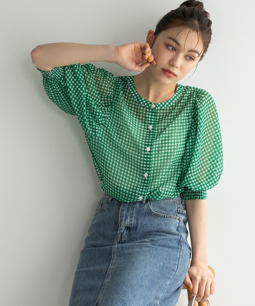 Edit Sheen（エディットシーン）の「2wayギンガムチェックボリュームスリーブシアーブラウス（シャツ/ブラウス・レディース・ネイビー/グリーン・M）」の12枚目の写真
