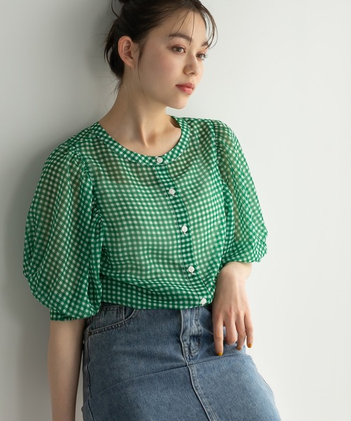 Edit Sheen（エディットシーン）の「2wayギンガムチェックボリュームスリーブシアーブラウス（シャツ/ブラウス・レディース・ネイビー/グリーン・M）」の13枚目の写真