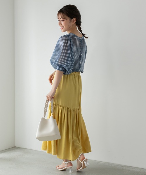 Edit Sheen（エディットシーン）の「2wayギンガムチェックボリュームスリーブシアーブラウス（シャツ/ブラウス・レディース・ネイビー/グリーン・M）」の6枚目の写真