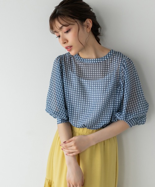 Edit Sheen（エディットシーン）の「2wayギンガムチェックボリュームスリーブシアーブラウス（シャツ/ブラウス・レディース・ネイビー/グリーン・M）」の3枚目の写真