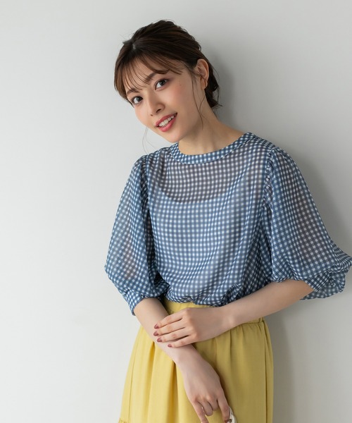 Edit Sheen（エディットシーン）の「2wayギンガムチェックボリュームスリーブシアーブラウス（シャツ/ブラウス・レディース・ネイビー/グリーン・M）」の4枚目の写真