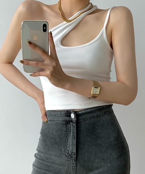 MANGROVE（マングローブ）の「アシンメトリーワンショルダーキャミソール（タンクトップ・レディース・ホワイト/ブラック・FREE）」の5枚目の写真