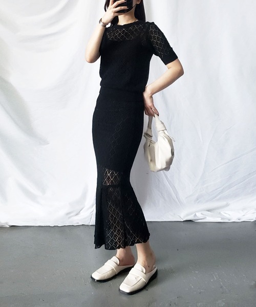 me+em select（ミームセレクト）の「【セットアップ】クロシェレーストップス＆マーメイドスカート SET（セットアップ・レディース・ブラック/ベージュ・FREE）」の12枚目の写真