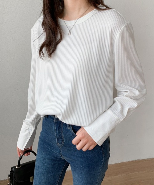 ABITOKYO(アビトーキョー)の「異素材ロングスリーブ切替リブカットソー(Tシャツ/カットソー・レディース・ホワイト/ブラック・M/L)」の1枚目の写真