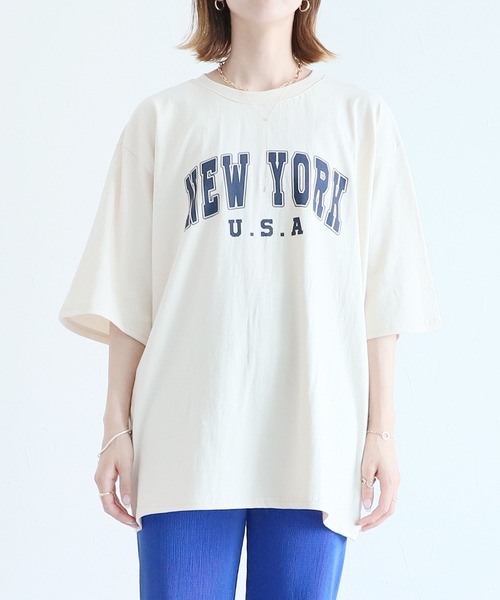 reca（レカ）の「カレッジロゴオーバーサイズTシャツ（Tシャツ/カットソー・レディース・ベージュ/ネイビー/グレー・FREE）」の6枚目の写真