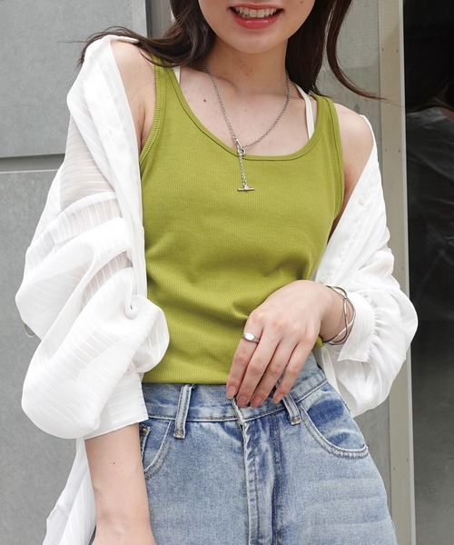 CORNERS（コーナーズ）の「2way三角開きテレコリブタンク（タンクトップ・レディース・ホワイト/ブラック/グリーン・M）」の3枚目の写真